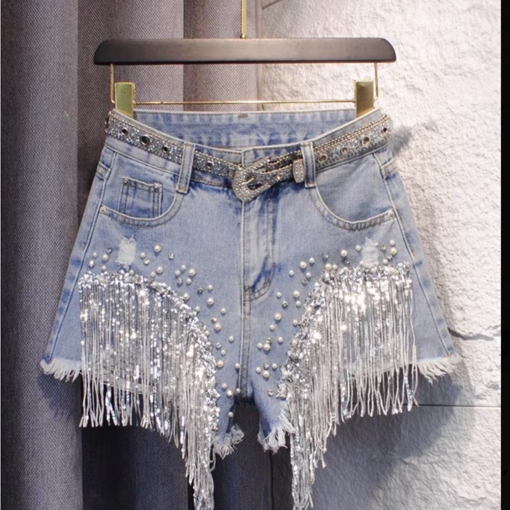 Embellished Fringe Shorts - Light Blue